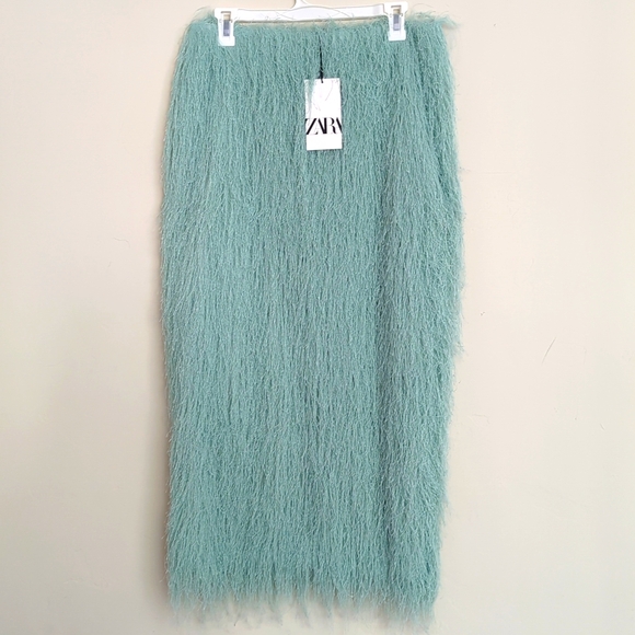 Zara Fringed Midi Skirt pencil straight Sea Green M NWT - Picture 7 of 9